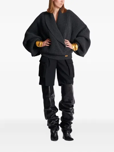 Balmain Oversized Ribbed Knit Pullover With Shawl Collar In Gray