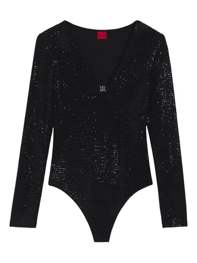 Hugo Boss Sparkling Bodysuit In Stretch Jersey With Stacked-logo Trim In Black