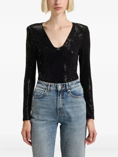 Hugo Boss Sparkling Bodysuit In Stretch Jersey With Stacked-logo Trim In Black