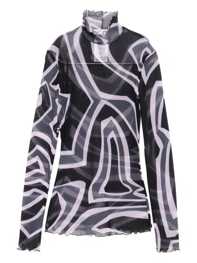 Pucci Semi Sheer Printed Long-sleeved High-neck Top In Black