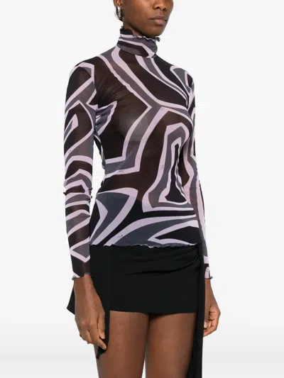 Pucci Semi Sheer Printed Long-sleeved High-neck Top In Black