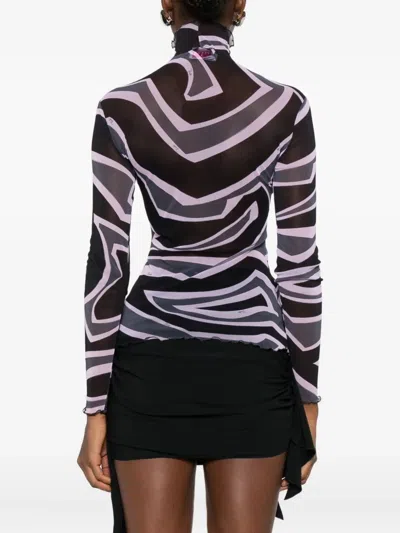Pucci Semi Sheer Printed Long-sleeved High-neck Top In Black