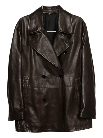 Brioni Double-breasted Leather Jacket In Brown