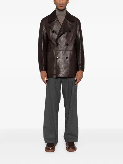 Brioni Double-breasted Leather Jacket In Brown