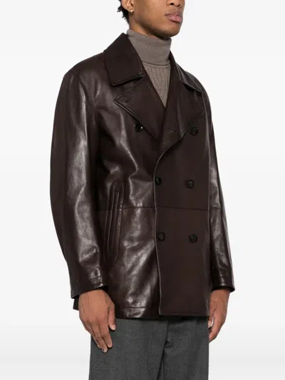 Brioni Double-breasted Leather Jacket In Brown