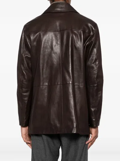 Brioni Double-breasted Leather Jacket In Brown