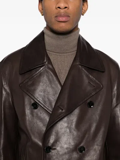Brioni Double-breasted Leather Jacket In Brown