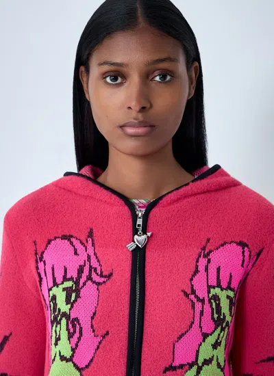 Chopova Lowena My Name Is Tiny Jacquard Hooded Zip Cardigan In Red