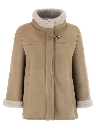 Fay Boxy Beige Suede Coat With Plush Shearling Lining In Multi