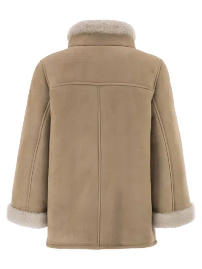 Fay Boxy Beige Suede Coat With Plush Shearling Lining In Multi