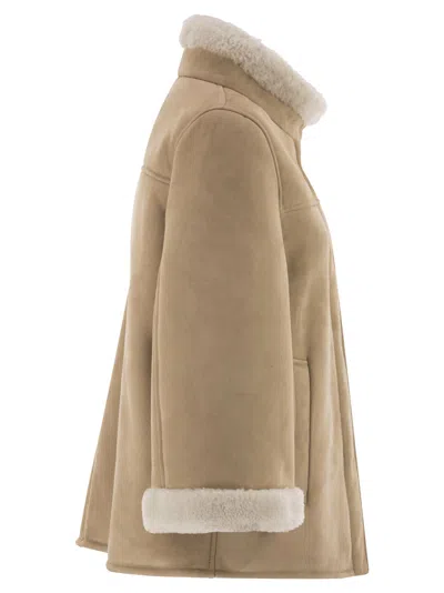 Fay Boxy Beige Suede Coat With Plush Shearling Lining In Multi