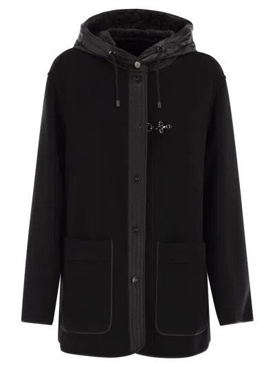 Fay Straight Silhouette Short Coat With Quilted Hood In Black