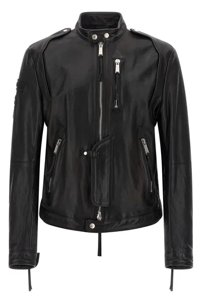 Dsquared2 Ducati X D2 Black Jacket With Mandarin Collar And Logo Embossed On The Back In Leather Man In Black