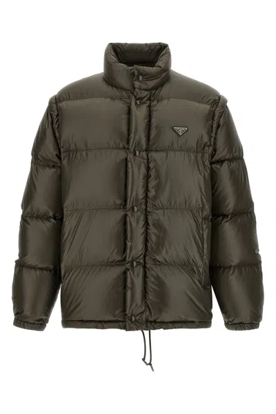 Prada Triangle Logo Oversized Down Jacket In Gray