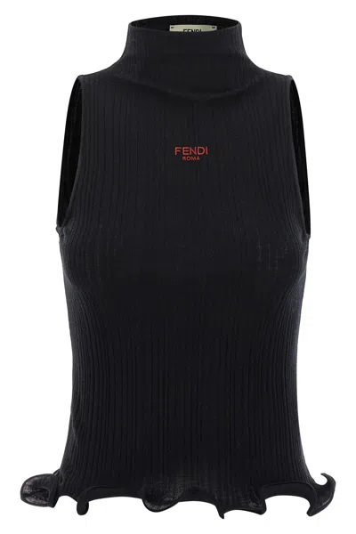 Fendi High Neck Fitted Sleeveless Top With Ruffles Clothing In Black