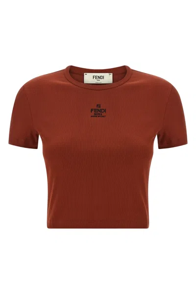 Fendi Women Brick Stretch Cotton T-shirt In Brown