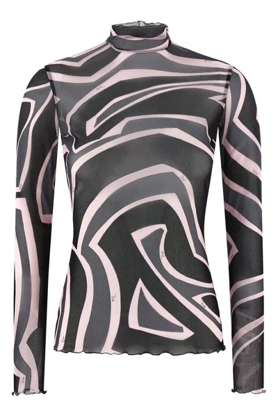 Pucci Semi Sheer Printed Long-sleeved High-neck Top In Multi