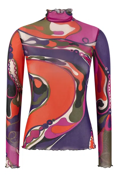 Pucci Abstract-print Turtleneck Sheer Top Clothing In Multi