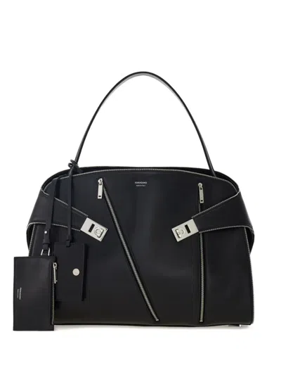 Ferragamo Hug Soft Shoulder Bag Multi-zip (m) In Black