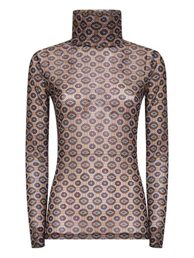 Dries Van Noten Semi-transparent Brown Print Turtleneck Jumper In Brown