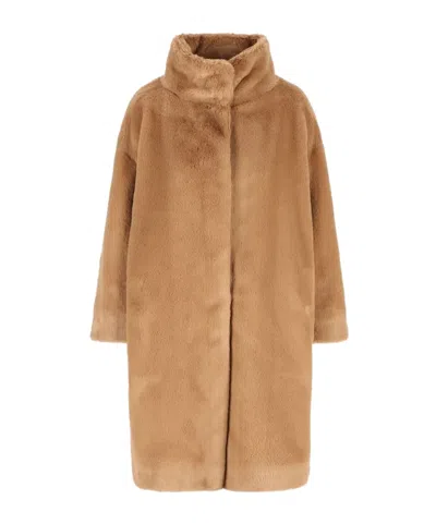 Herno Faux Fur Short Coat With High Collar In Brown