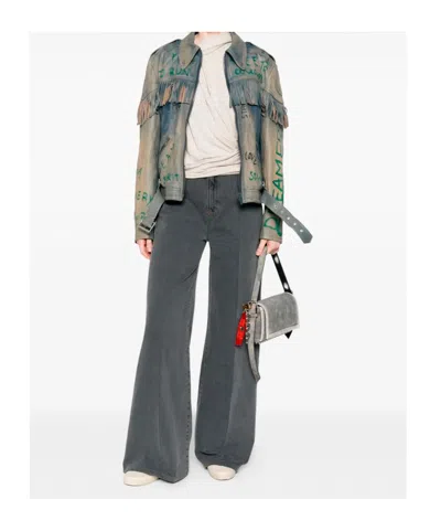 Golden Goose Stylish Leather Jacket With Fringe And Print In Gray