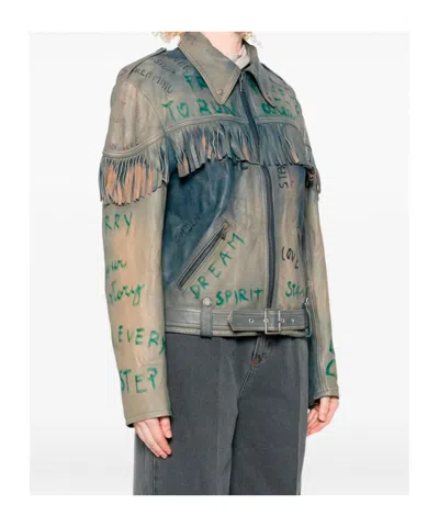 Golden Goose Stylish Leather Jacket With Fringe And Print In Gray