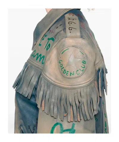 Golden Goose Stylish Leather Jacket With Fringe And Print In Gray