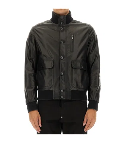Moorer Leather Bomber Jacket In Black
