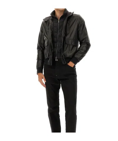 Moorer Leather Bomber Jacket In Black