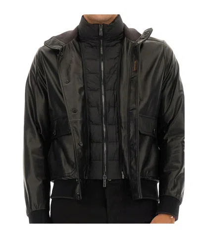 Moorer Leather Bomber Jacket In Black