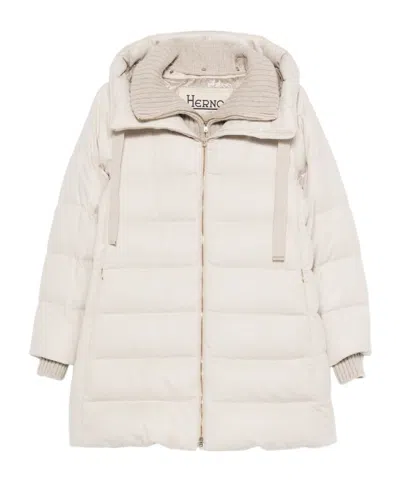 Herno Hooded Long Quilted Jacket And Pockets In White