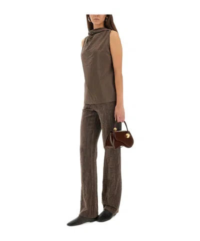 Alysi Velvet "crinkle" Slim Pants In Brown