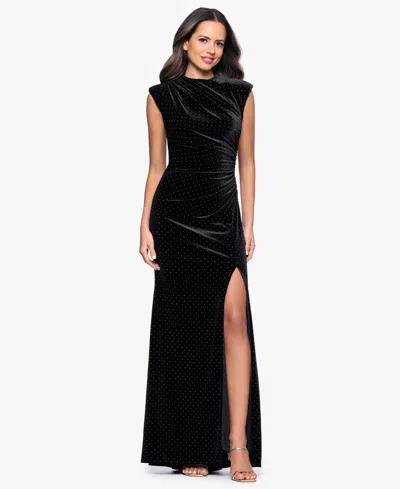 Betsy & Adam Petite Mock Neck Velvet Gown In Black