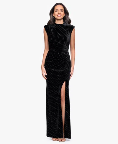 Betsy & Adam Petite Mock Neck Velvet Gown In Black