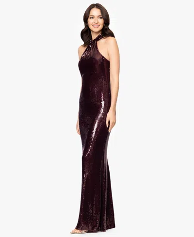 Betsy & Adam Petite "lita" Sequin Halter Knot Neck Floor Length Dress In Burgundy