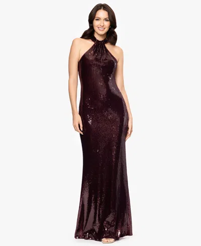 Betsy & Adam Petite "lita" Sequin Halter Knot Neck Floor Length Dress In Burgundy