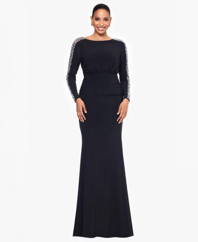 Betsy & Adam Petite "ria" Jersey Knit Beaded Long Sleeve Floor Length Dress In Black