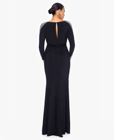 Betsy & Adam Petite "ria" Jersey Knit Beaded Long Sleeve Floor Length Dress In Black