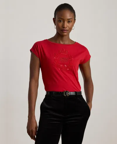 Ralph Lauren Womens Sequin Detail Boat Neck Jersey T Shirt P Xs Xxl In Red