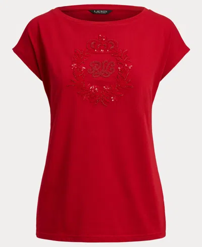 Ralph Lauren Womens Sequin Detail Boat Neck Jersey T Shirt P Xs Xxl In Red