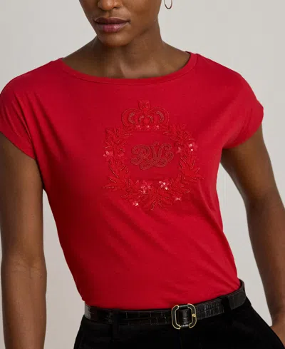 Ralph Lauren Womens Sequin Detail Boat Neck Jersey T Shirt P Xs Xxl In Red