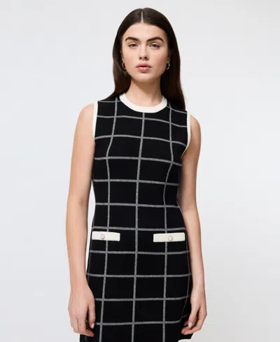 French Connection Check Sleeveless Round Neck Dress In Black