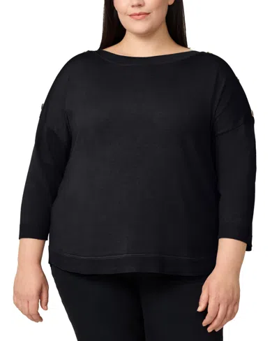 Melissa Paige Plus Size Button-trim Drop-shoulder Sweater In Black
