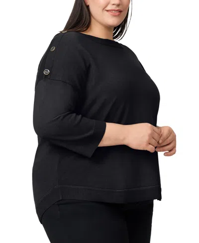 Melissa Paige Plus Size Button-trim Drop-shoulder Sweater In Black