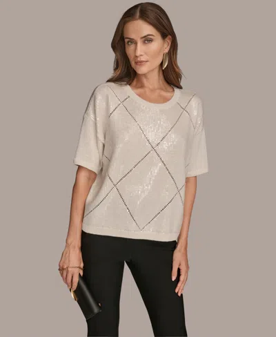 Donna Karan Women's Short Sleeve Sequin Sweater In White