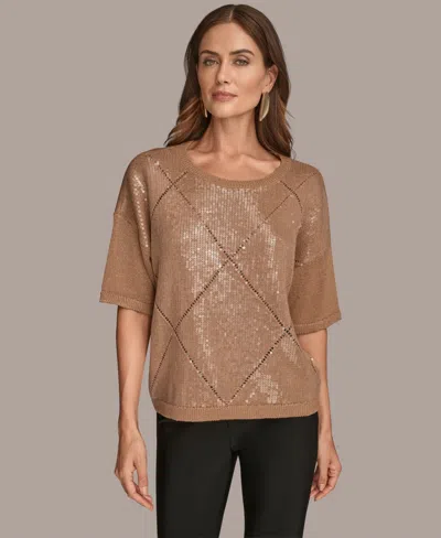 Donna Karan Women's Short Sleeve Sequin Sweater In Brown