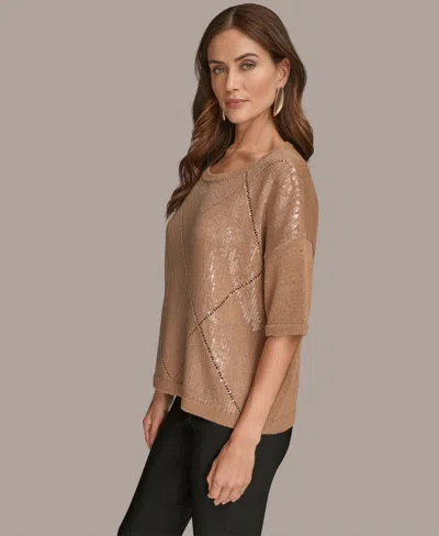 Donna Karan Women's Short Sleeve Sequin Sweater In Brown