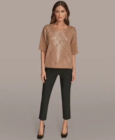 Donna Karan Women's Short Sleeve Sequin Sweater In Brown