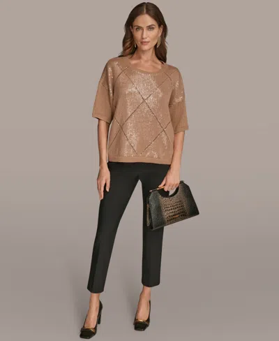 Donna Karan Women's Short Sleeve Sequin Sweater In Brown